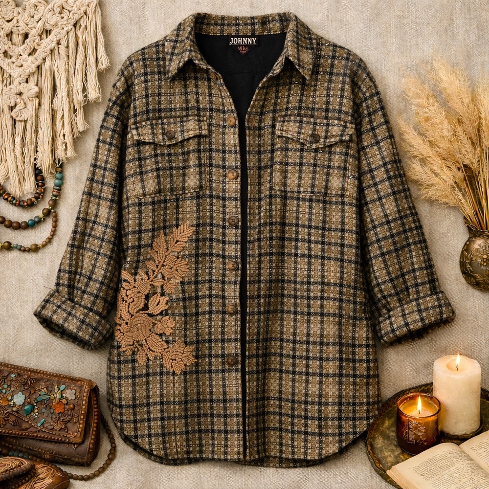 Johnny Was Workshop Oversized Plaid Jacket NWT Embroidered Boho Shacket Size S